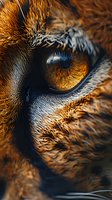 Extreme close-up macro photograph of wild tiger eye with amber iris, detailed fur texture and reflections showing nature's fierce beauty and power in wildlife.
