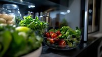 Fresh organic vegetables and herbs in glass bowls on dark kitchen counter, including vibrant cherry tomatoes and leafy greens, styled for healthy cooking and meal prep.