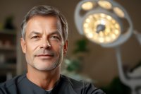 Confident mature male doctor with gray hair and friendly smile in medical office with surgical lamp, representing healthcare and medical expertise.