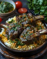 Grilled lamb shanks served on aromatic rice pilaf garnished with fresh herbs and chimichurri sauce, accompanied by cherry tomatoes on rustic wooden surface.