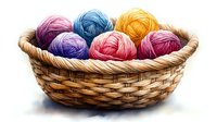 Colorful yarn balls in woven basket, including pink, blue, purple, and yellow skeins arranged neatly against white background for craft and hobby projects.