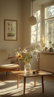 Sunlit minimalist living room with wildflowers in glass vase on wooden coffee table, pendant lamp, and window casting warm evening shadows across floor.