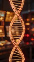 Glowing neon DNA helix structure with warm orange and amber lights against blurred laboratory background, representing genetic research and biotechnology innovation.