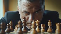 Intense close-up portrait of mature caucasian businessman in dark suit peering over wooden chess pieces on board, dramatic lighting creates competitive atmosphere.