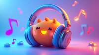 Cute kawaii character with glowing eyes wearing blue wireless headphones surrounded by floating musical notes on vibrant gradient background.