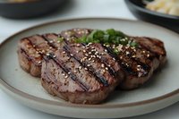 Grilled beef steaks with herbs and sesame seeds on ceramic plate, perfect for restaurant menus and culinary marketing materials.