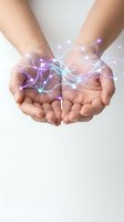 Cupped hands holding glowing network connections with purple and blue light effects representing digital technology, innovation, and connectivity concepts.