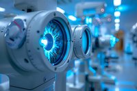 Futuristic robotic eye with glowing blue iris in modern laboratory setting, surveillance cameras and optical sensors aligned in corridor with blue lighting effects.