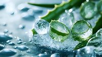 Fresh green leaves with water drops and ice crystals in extreme macro photography, creating dynamic composition with frozen motion and natural light effects.