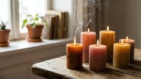Cozy autumn candles burning on wooden table near window with warm natural light creating peaceful home atmosphere for relaxation and meditation.