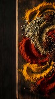 Colorful spices and herbs arranged in circular pattern on dark wooden surface with fennel seeds, star anise, paprika, turmeric creating culinary art composition.