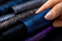 Luxurious shimmering fabrics in black, electric blue and purple with metallic effect close up. Female hand with nude manicure touching elegant textile material.