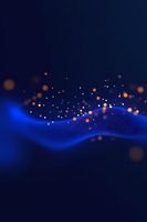 Glowing blue wave with orange bokeh lights and particles on dark background creates magical atmosphere for festive designs and holiday backgrounds.