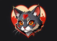 Adorable gray cat face with orange eyes framed by decorative red heart shape on dark background, cartoon style illustration for Valentine's Day designs and greeting cards.
