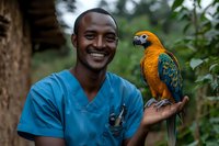 African American veterinarian in blue scrubs smiling while holding colorful macaw parrot on hand in natural outdoor setting, showcasing wildlife care.