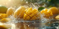 Fresh ripe mangoes and water splashes in sunlight, dramatic food photography with droplets and motion capture, juicy tropical fruit sliced in cubes.