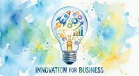 Watercolor lightbulb with business icons inside including rocket, gears, charts and graphs representing innovation and creative ideas for entrepreneurship.