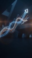 Neon glowing upward arrow with flowing wave lines in blue and orange on dark background. Financial growth and business success concept for marketing and corporate presentations.