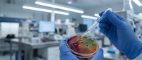Scientist in blue gloves adds liquid to a petri dish with bacterial colonies in a modern laboratory setting.