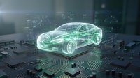 Futuristic holographic car projection with green wireframe design floating above circuit board technology background for automotive innovation concepts.