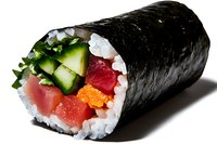 Fresh sushi roll with tuna, salmon, cucumber and avocado wrapped in nori seaweed and white rice, shown in cross section on white background.