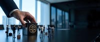 Businessman hand selecting wooden block with justice scales symbol from group of people figures in modern office boardroom for legal team leadership.
