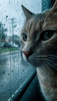 Tabby cat with blue eyes gazing through rain-covered window, raindrops on glass, moody weather atmosphere, pet looking outside during storm.
