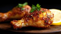 Grilled chicken drumsticks with honey glaze and herbs on wooden cutting board, garnished with fresh parsley and lemon slice against dark background.