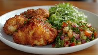 Crispy golden chicken cutlets served with fresh green salad and colorful vegetable salsa on white plate, homemade comfort food meal.