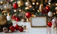 Christmas decorations and blank golden frame on white surface with festive bokeh lights, red and gold baubles, pine cones and evergreen branches in background.