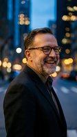Smiling mature Caucasian businessman with glasses and beard in dark suit against blurred city lights background at evening for corporate portraits.