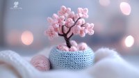 Delicate pink blossom tree in knitted blue pot with soft bokeh background and cozy textile elements creating peaceful home decoration atmosphere.