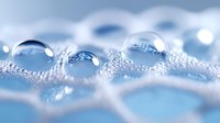 Water droplets on blue textured surface with soft bokeh background creating refreshing morning dew effect for wellness and nature concepts.