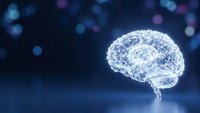 Digital brain made of glowing particles and neural networks on dark blue background with bokeh lights for technology and artificial intelligence concepts.