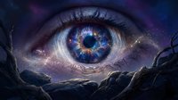 Cosmic eye with galaxy iris floating above alien landscape with starry nebula sky and rocky terrain for fantasy and science fiction concepts.