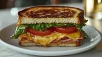 Grilled sandwich with melted cheddar cheese, crispy bacon, fresh tomato slices and green lettuce on toasted white bread, served on white plate. Close up food photography.