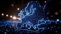 Digital map of Europe glowing with blue network connections and dots against dark background showing technological advancement and connectivity.