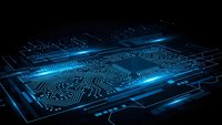 Futuristic circuit board with glowing blue neon lights and electronic pathways on dark background for technology and innovation concepts.