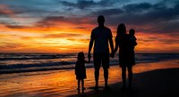 Family silhouettes holding hands on beach at sunset with dramatic orange sky and ocean waves. Parents with two children enjoying peaceful moment together.