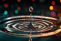 Water droplet creating ripples with colorful bokeh lights reflecting on surface, capturing moment of impact in slow motion photography.