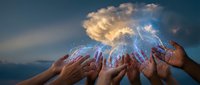 Multiple hands reaching toward dramatic storm cloud with lightning bolts against twilight sky. Concept for teamwork, collaboration and facing challenges together.