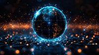 Glowing digital earth sphere with network connections and orange particles floating in dark space, futuristic global technology concept visualization.