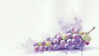 Watercolor grape cluster with purple and green tones on light background, artistic fruit illustration for kitchen decor and culinary designs.