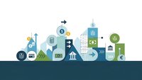 Modern flat design business and finance cityscape with banking icons, money symbols, and financial growth elements for corporate presentations.
