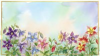Watercolor columbine flowers border frame with pastel sky background, colorful aquilegia blooms in purple, blue, pink and red tones.