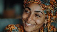 Young African woman wearing colorful traditional headwrap smiling warmly at camera with natural lighting and soft background blur for lifestyle content.