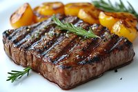 Juicy grilled beef steak with grill marks, fresh rosemary sprigs and roasted yellow cherry tomatoes served on white plate, close up view of cooked meat.