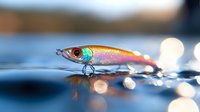 Colorful fishing lure with reflective surface floating on water with bokeh light effects and blurred background creating dreamy atmosphere.