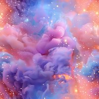 Magical cosmic background with swirling purple smoke clouds and glowing particles against pink and blue galaxy sky, perfect for fantasy or spiritual designs.