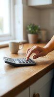 Person using calculator at wooden desk with coffee cup and plant in bright home office for financial planning and budgeting tasks.